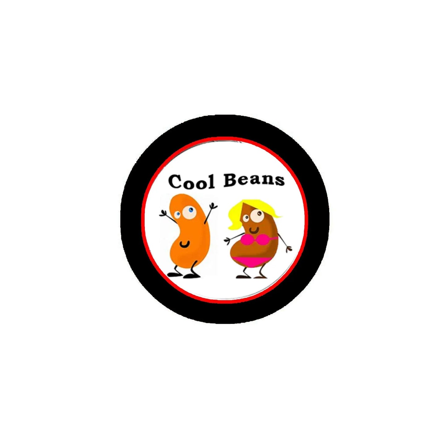 Round Cool Beans pinback button with cartoon bean characters