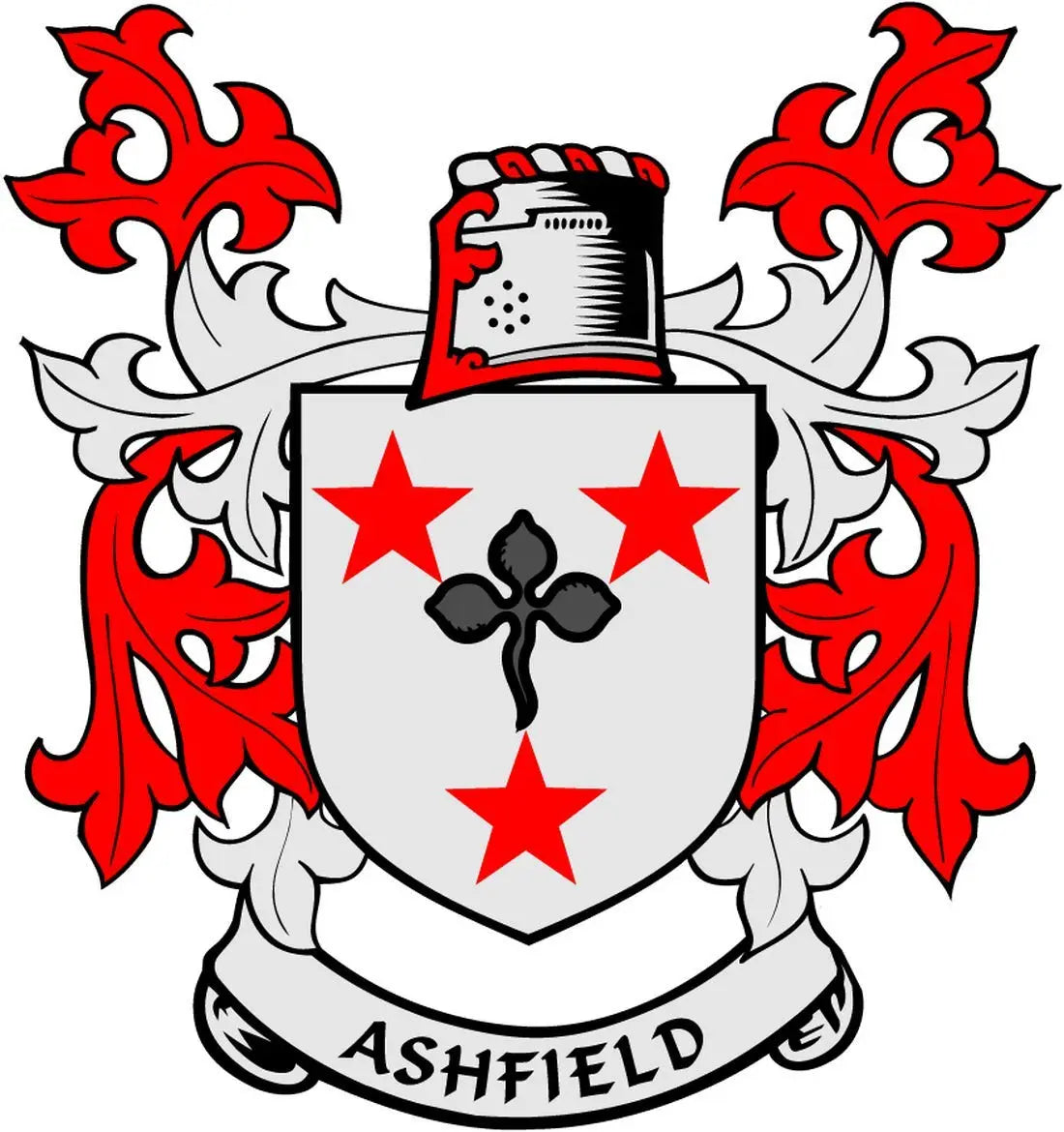 Ashfield family crest coat of arms magnet with shield, cross, and red stars