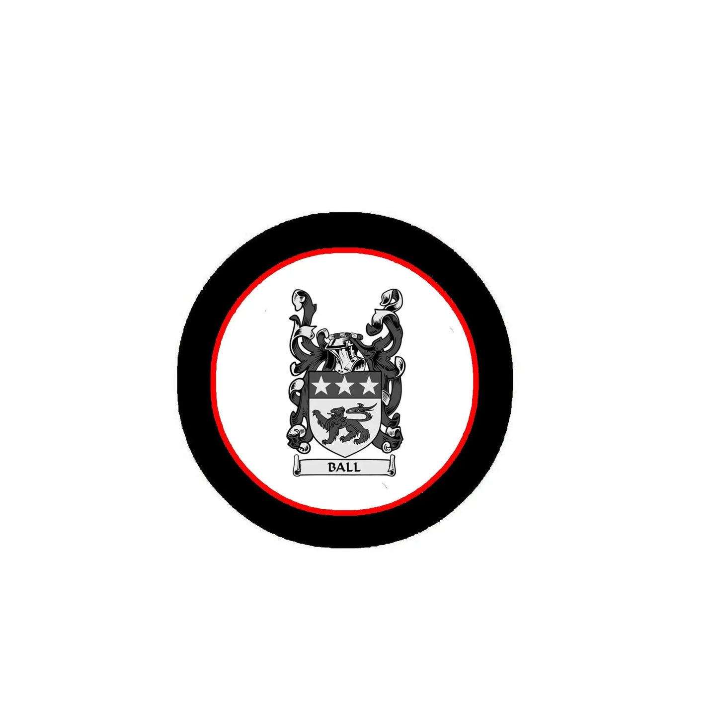 Round Ball family crest coat-of-arms magnet with black outer ring and red border