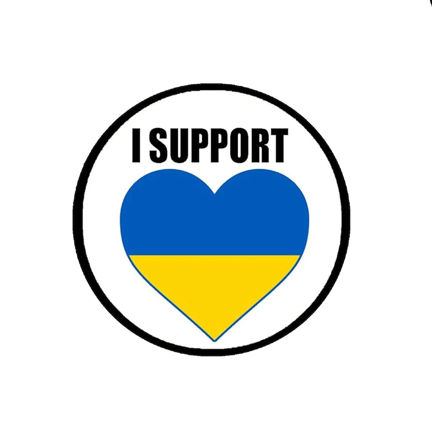 Circular I SUPPORT pinback badge with blue-and-yellow heart design