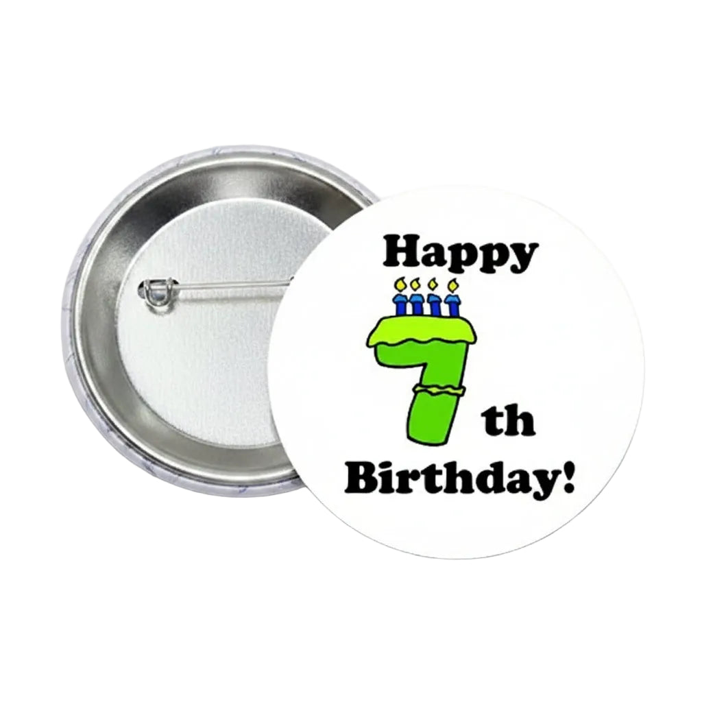 Happy 7th Birthday pinback button with green cake, “Happy 7th Birthday!” text
