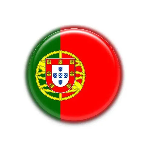 Round Portugal flag fridge magnet with green left, red right, national coat of arms
