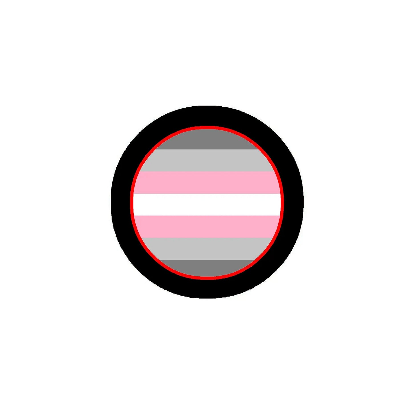 Demigirl pride flag pinback button with black border, pink-white-gray stripes