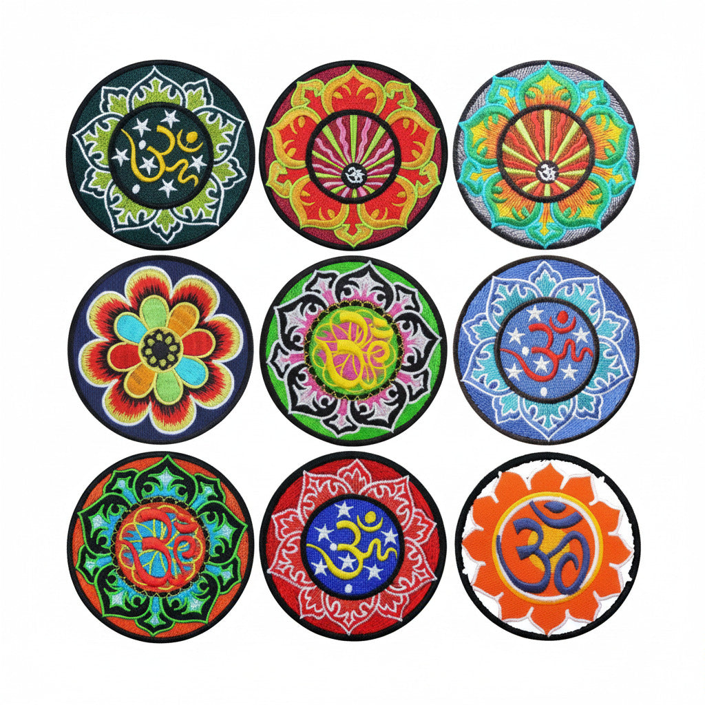 Set of 8 round yoga-themed pinback buttons, colorful mandala and peace symbols