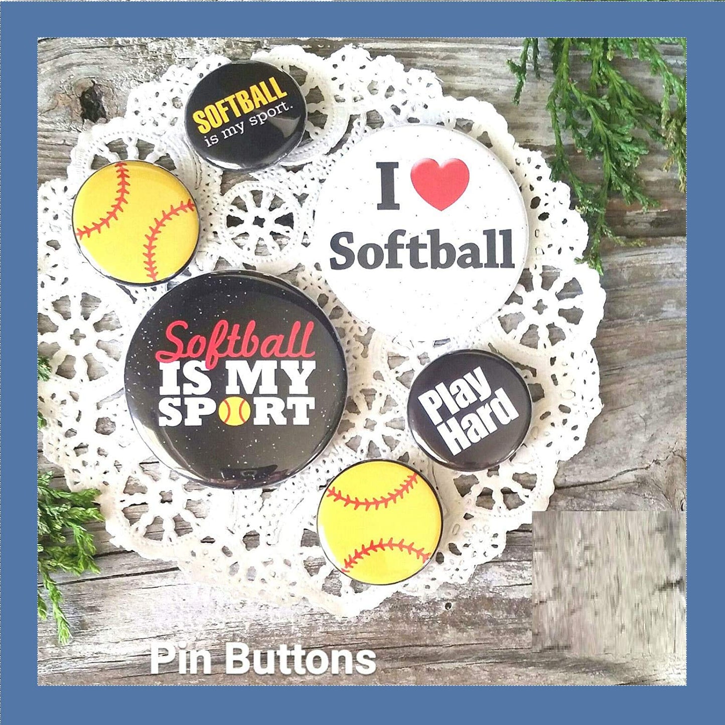 R&G Unlimited - Button Pins 6 Pinback Softball Pins * Buttons Badges Gifts * New in Pkg USA New * DecoWords Pin Badges
