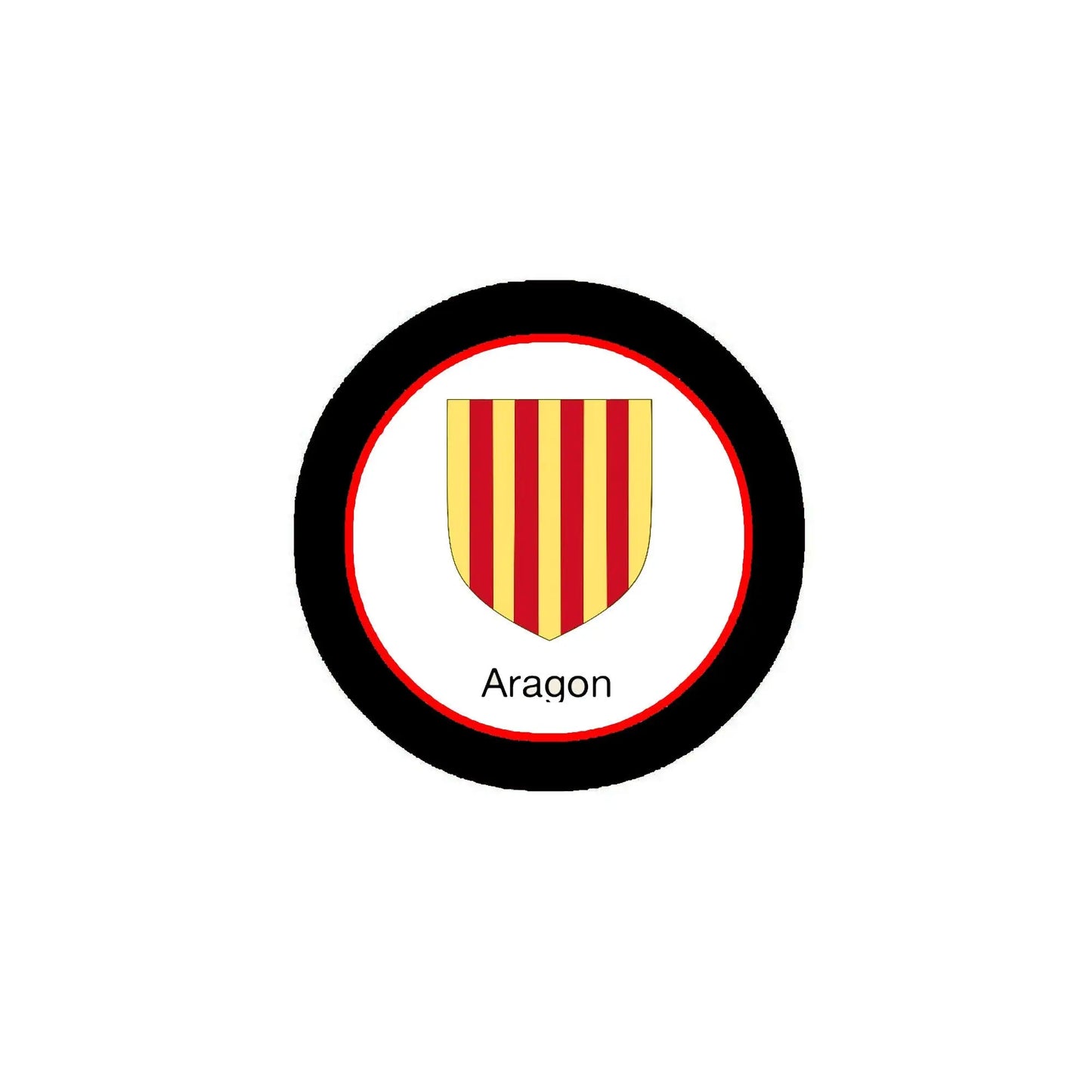 Round enamel-style lapel pin with Aragon shield, red and gold stripes, black ring