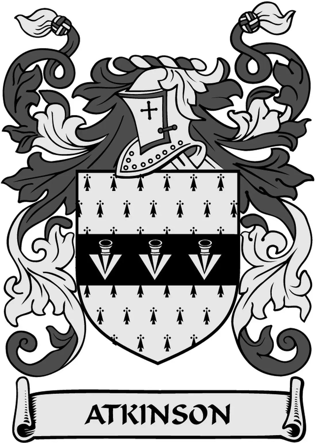 Family crest coat of arms magnet with ATKINSON banner, shield and ornate dark detailing