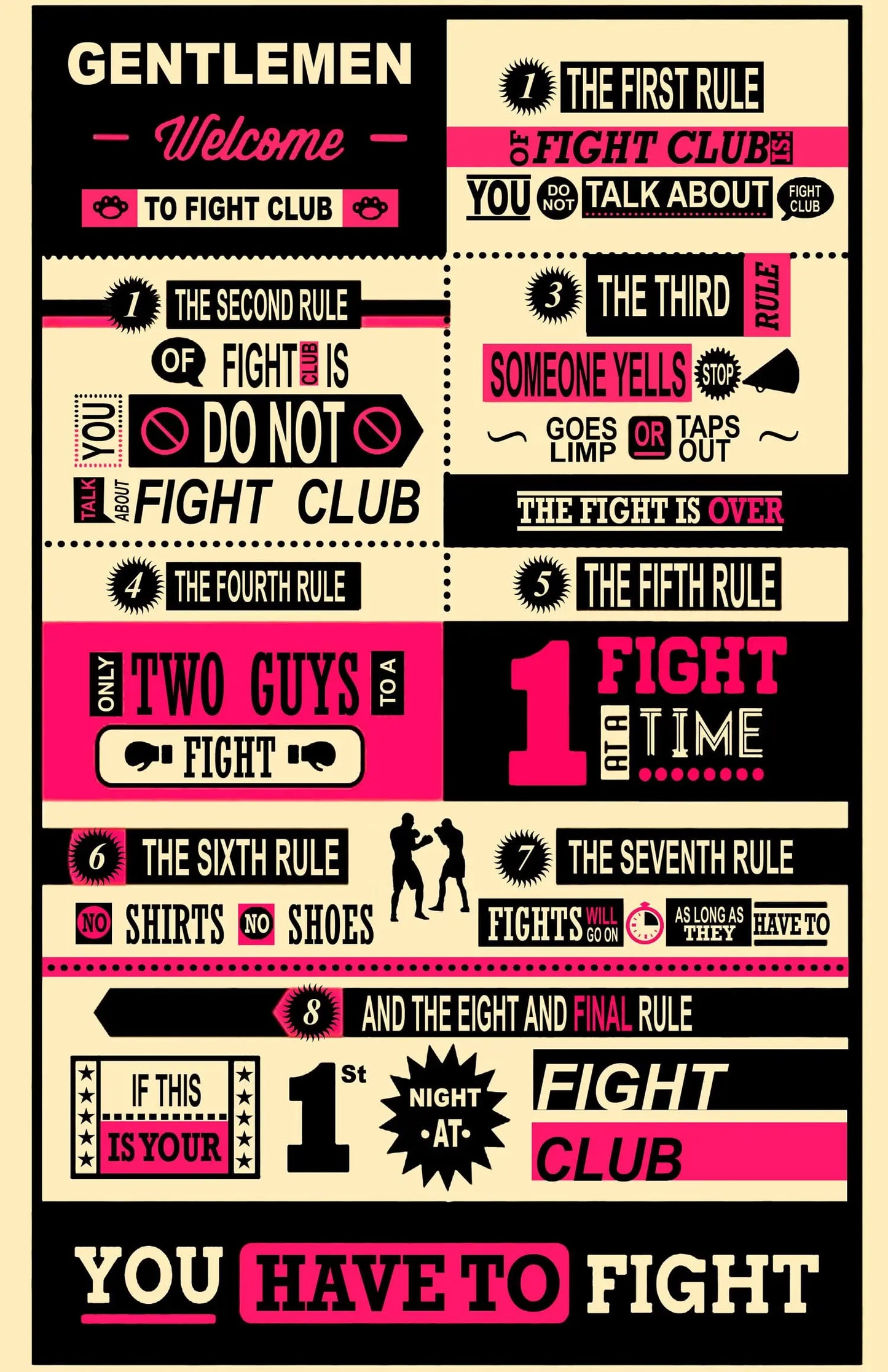Flight Club poster (11 x 17) with bold “rules of fight” text in pink, black, and yellow