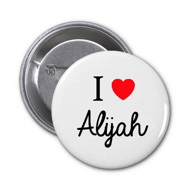 Round pinback button with white face, “I ❤ Alijah” text in black and red heart
