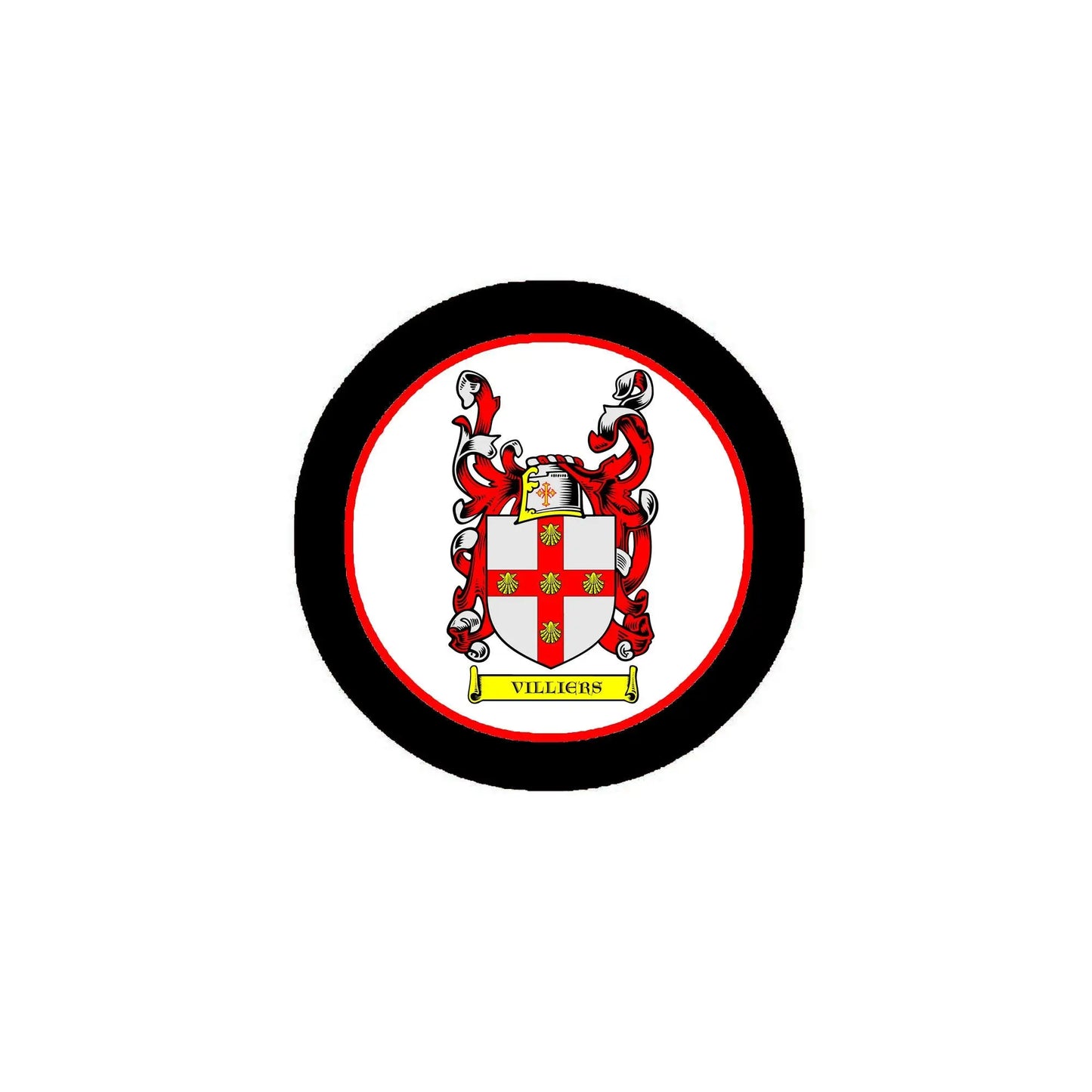 Round coat of arms pinback badge with colorful shield and black border