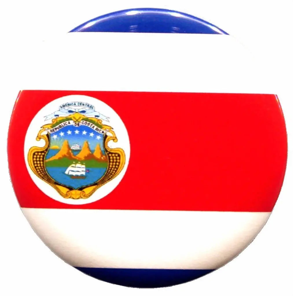 Costa Rica flag pinback button with national crest, circular lapel badge