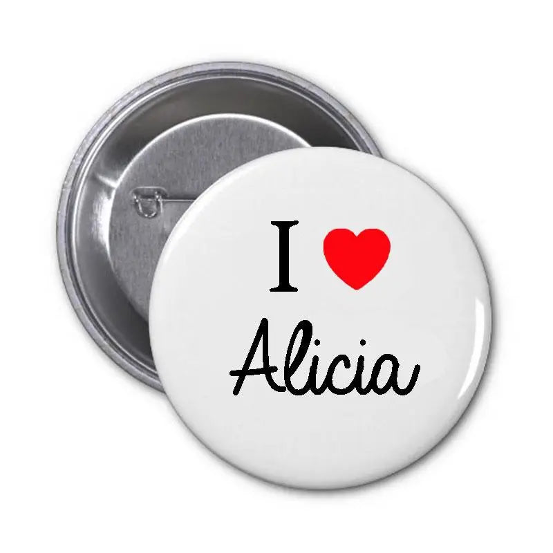 1.25-inch round pinback button with silver rim, white face, I ♥ Alicia design