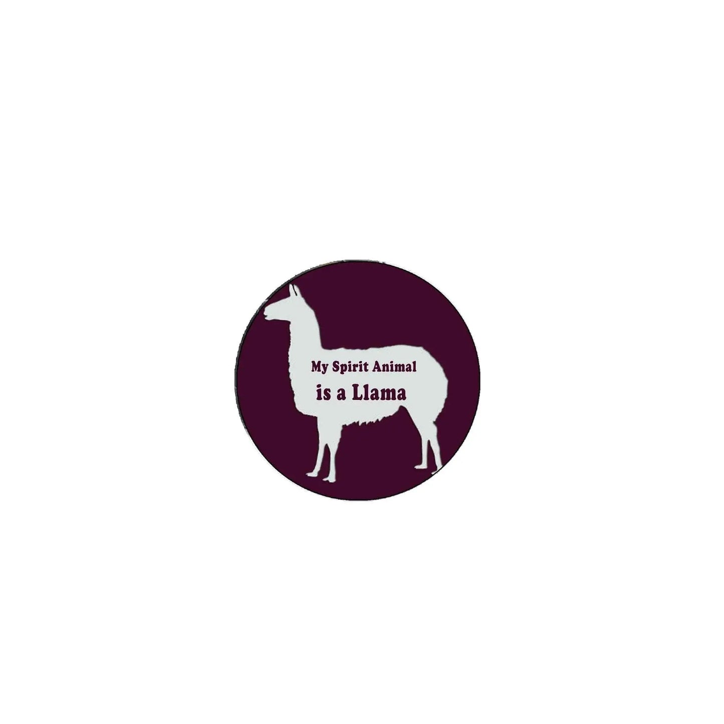 2.25-inch pinback button with purple background and white llama silhouette text