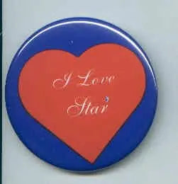 Heart-shaped pinback button with red heart, 'I Love Star' text, and blue border.