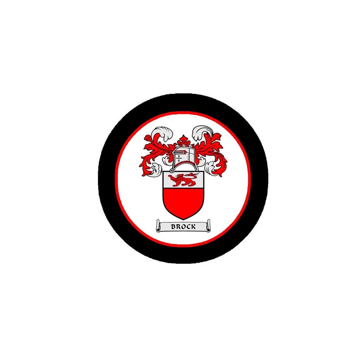 3-inch circular coat arms crest magnet with black ring, white shield, red Brock banner
