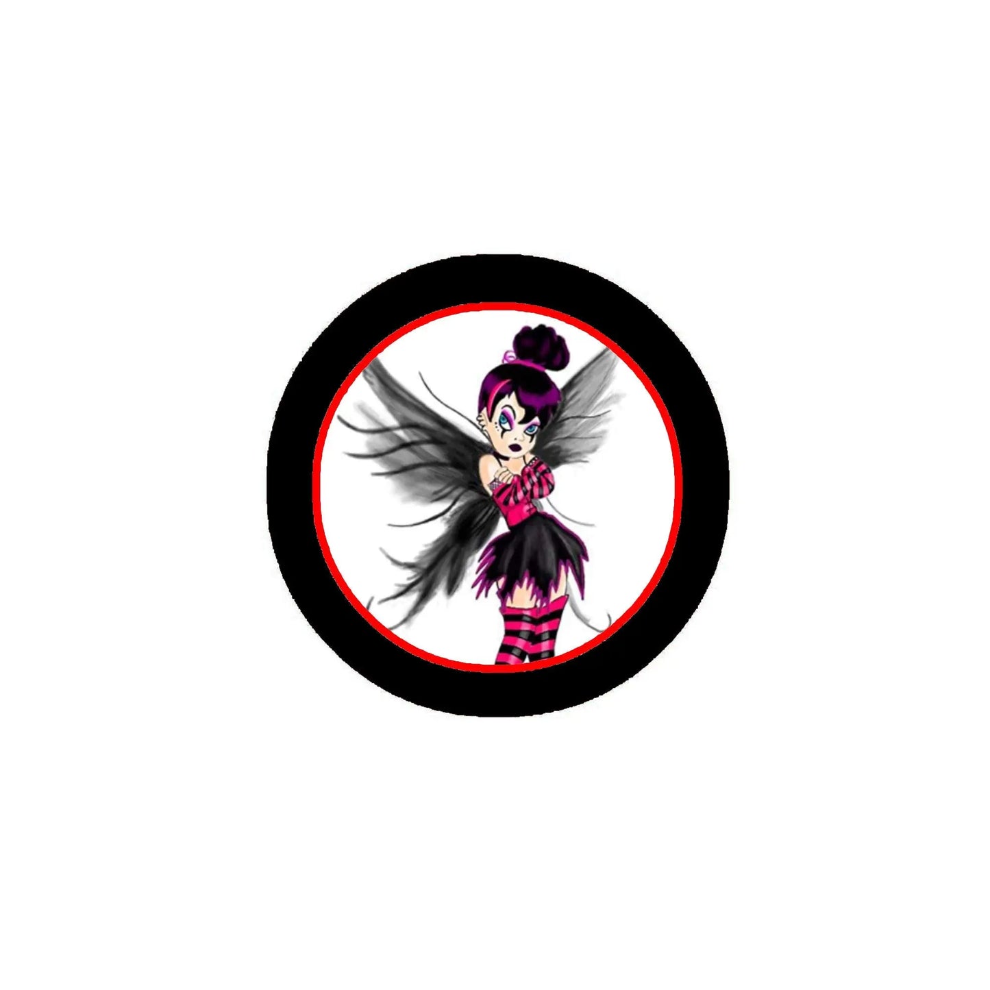 2.25-inch round gothic cartoon pinback button with purple character and black border