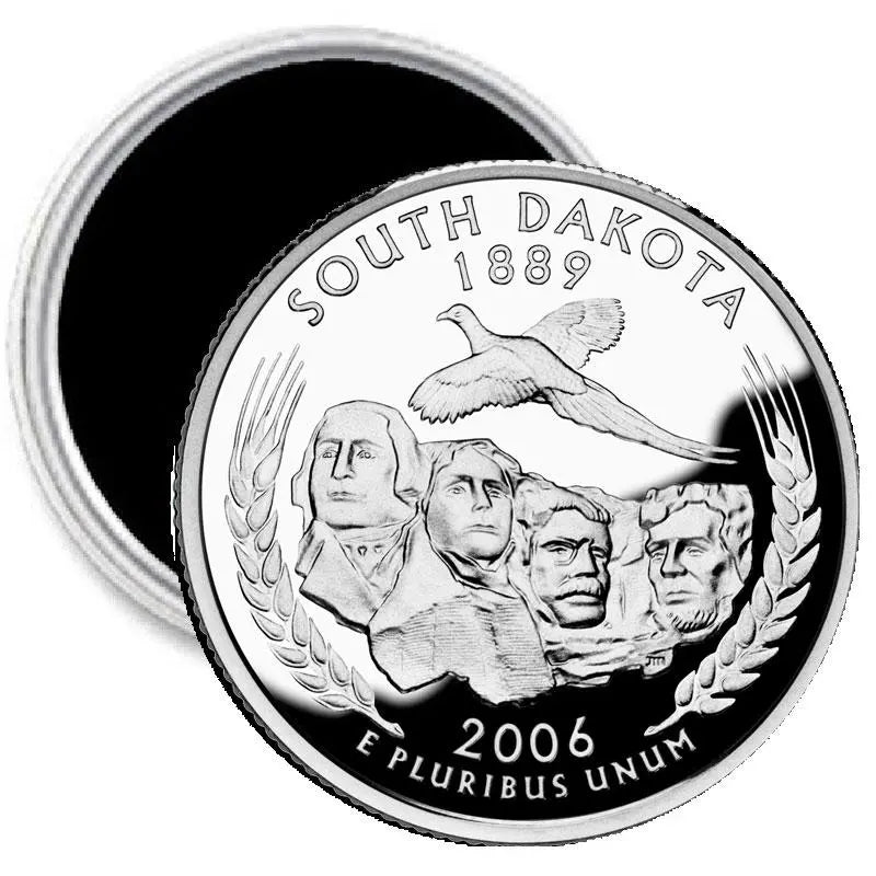 2.25-inch circular silver magnet with South Dakota 1889 2006 quarter coin design