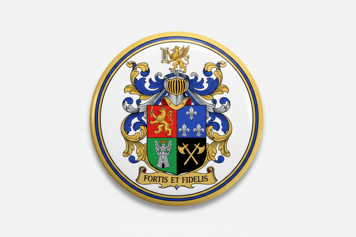 Abden family crest coat of arms magnet, circular gold rim with blue red green shield