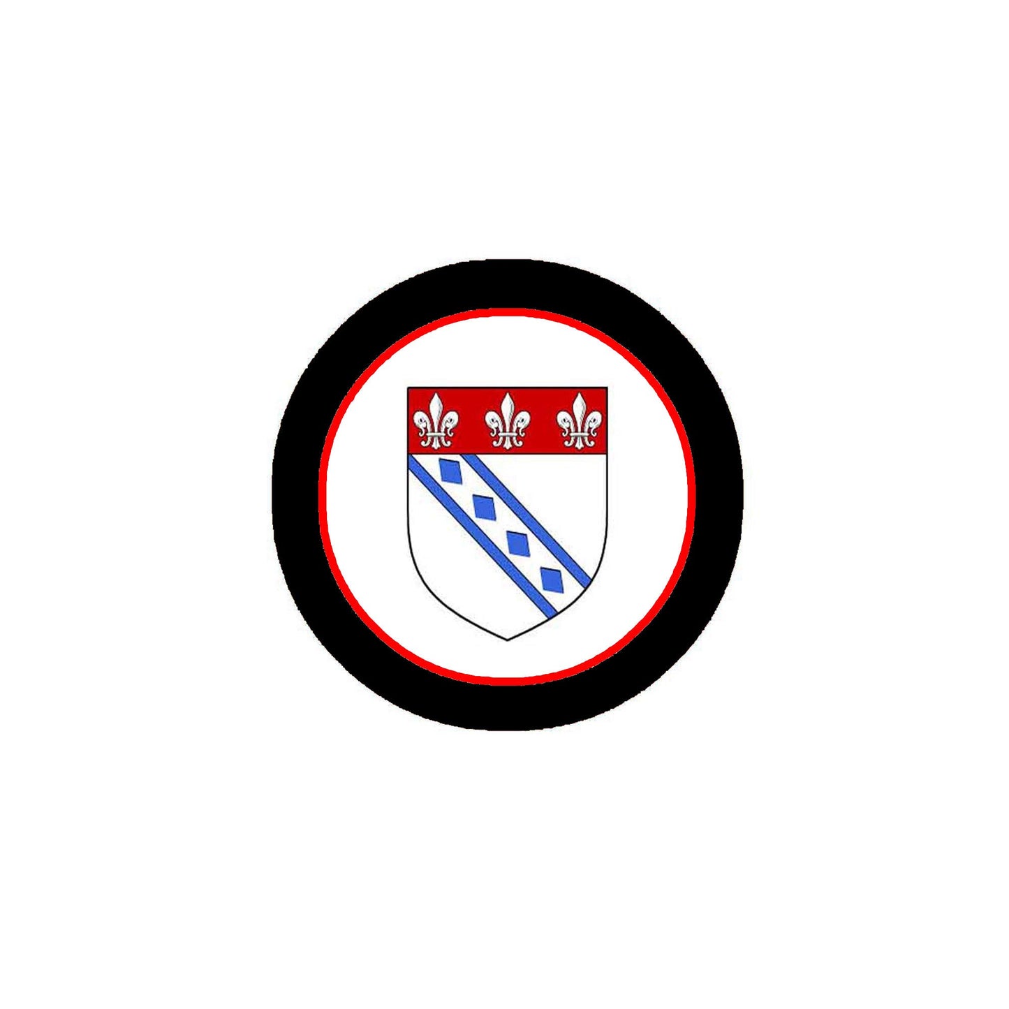 Round 3-inch coat of arms magnet with black rim, red border, and blue shield design