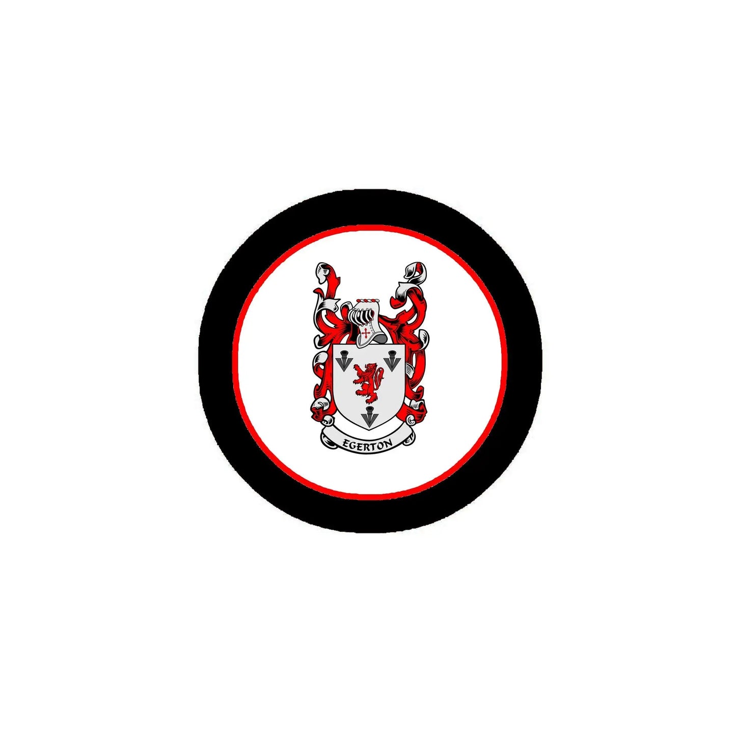 Round family crest pinback with black border, red ring, and shield emblem