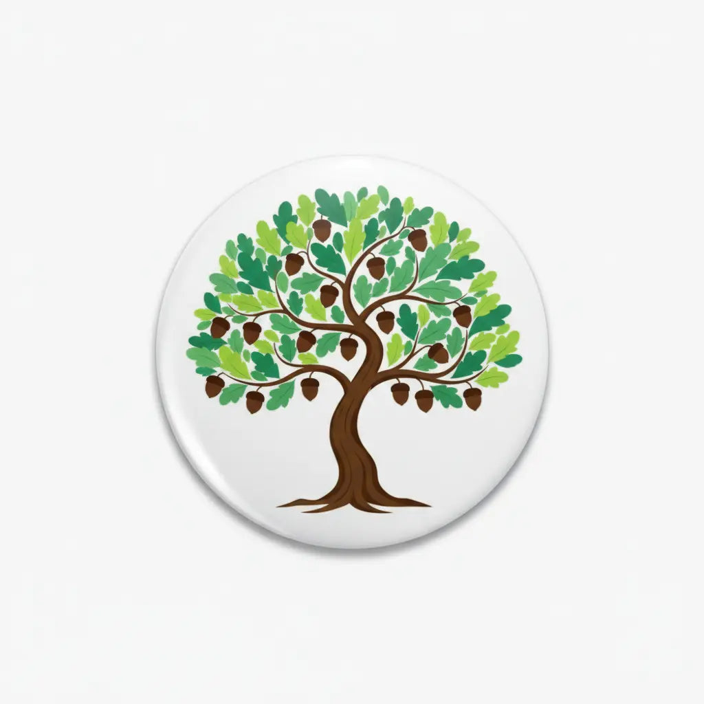Tree pinback button with green leaves and brown trunk illustration