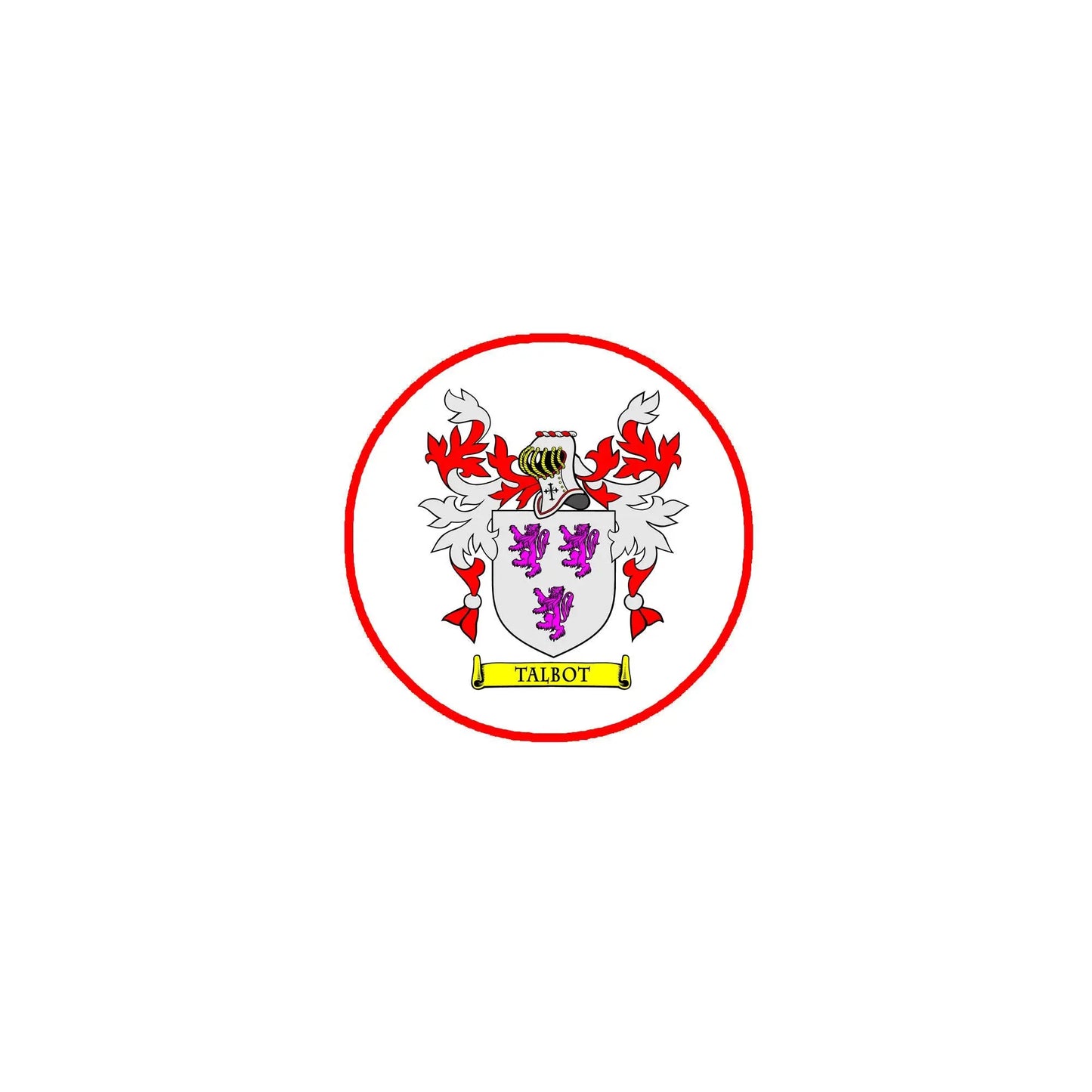 Round family crest pinback with red border and Talbot banner, detailed shield and lions