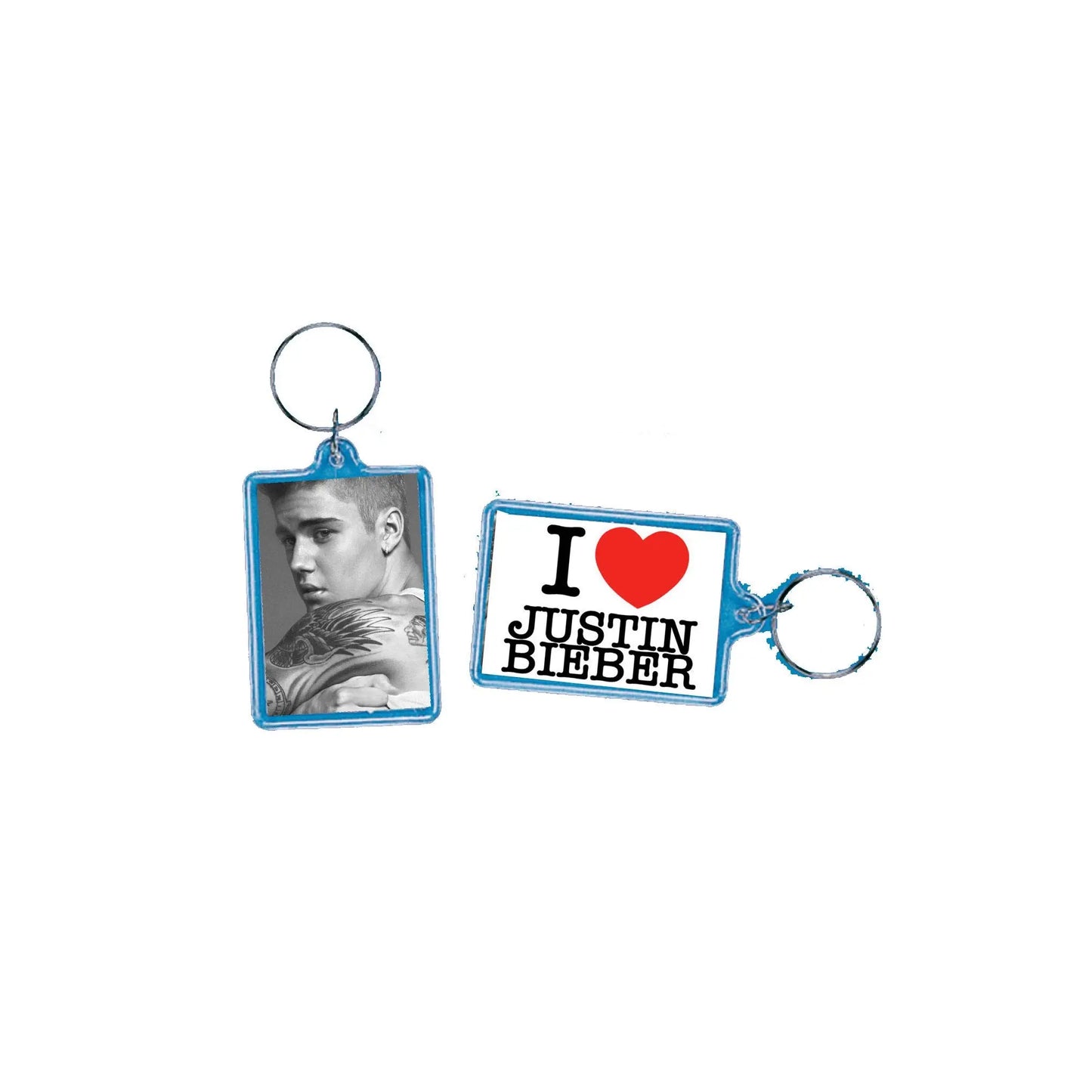 Acrylic keychain set of two rectangular charms: portrait and 'I Justin Bieber' heart