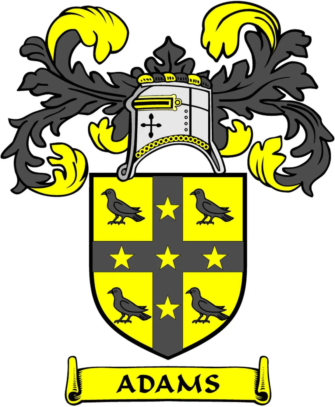 I Love Adams pinback button, black and yellow coat of arms with crown and ravens