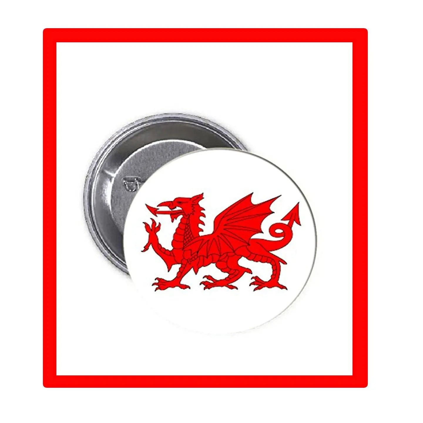Welsh dragon pinback button with red dragon on white face and silver metal back