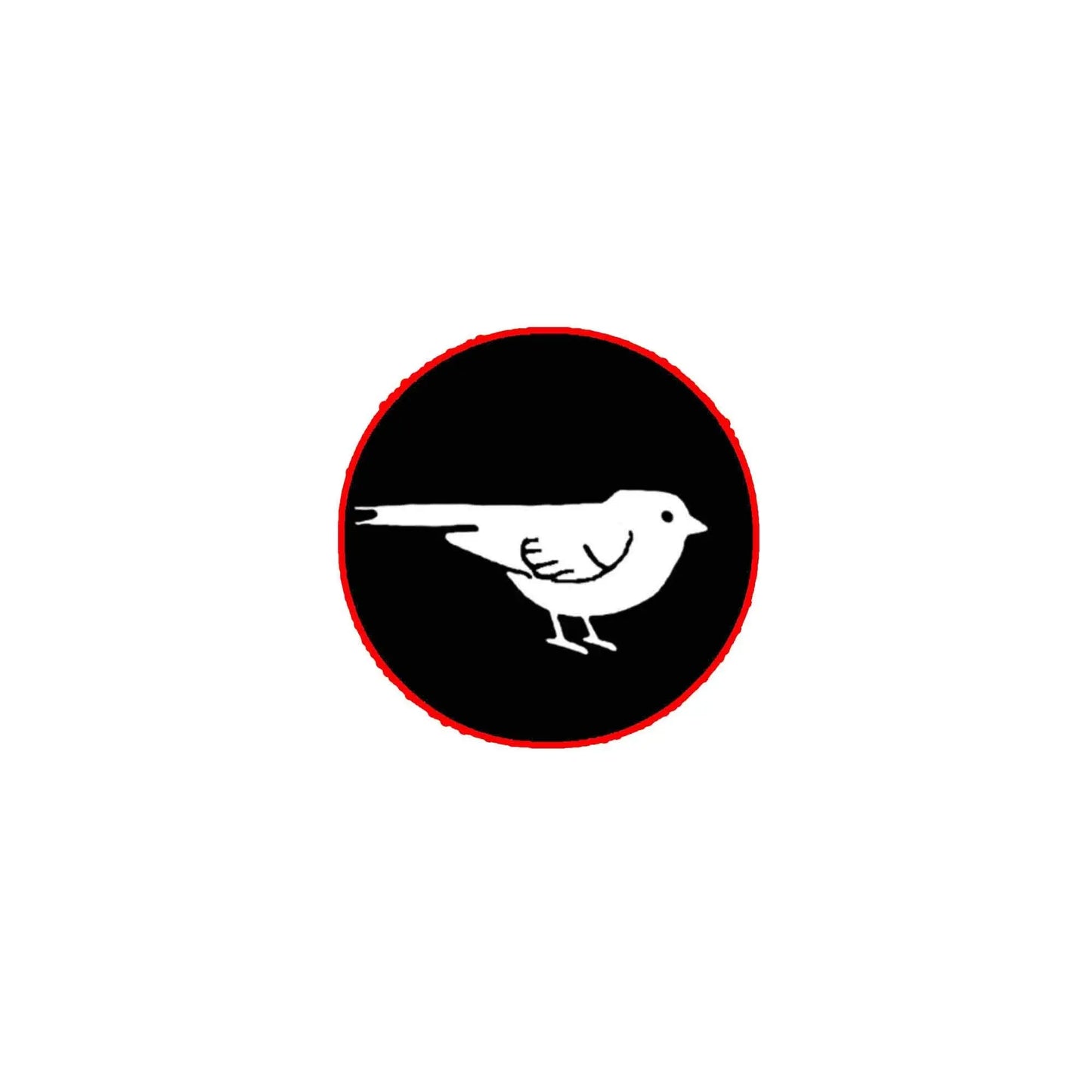 1.25-inch pinback badge with black-and-white bird design and red rim