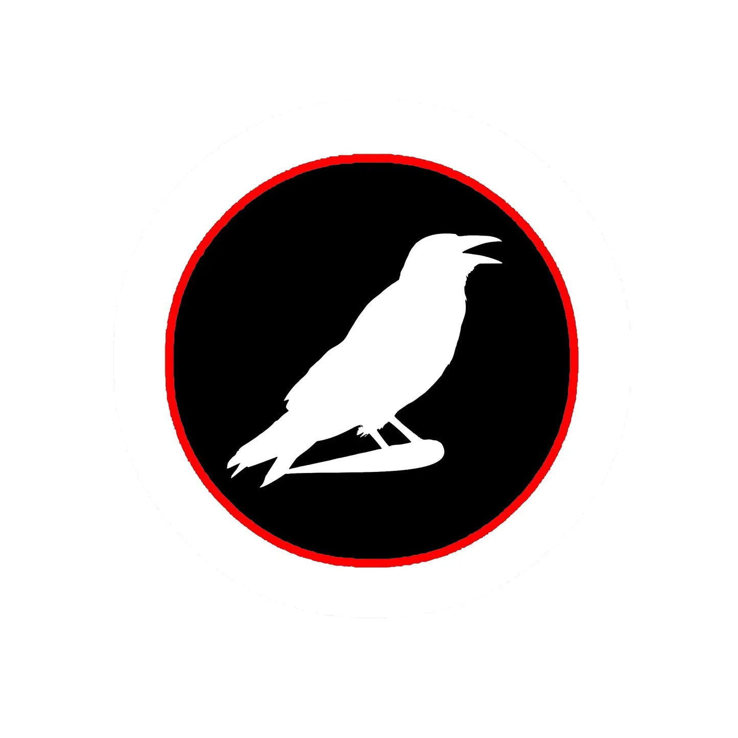 Raven silhouette badge pin with red border and black-and-white bird graphic, round 2.25-inch