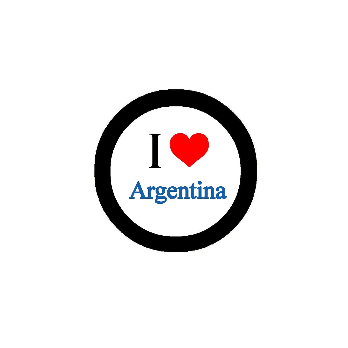 Round pinback badge with black ring and “I ♥ Argentina” design in red and blue