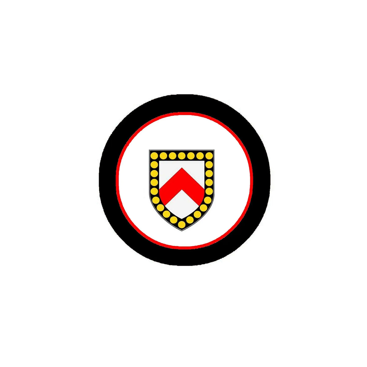 3-inch circular coat of arms magnet with black rim and red-and-gold shield emblem
