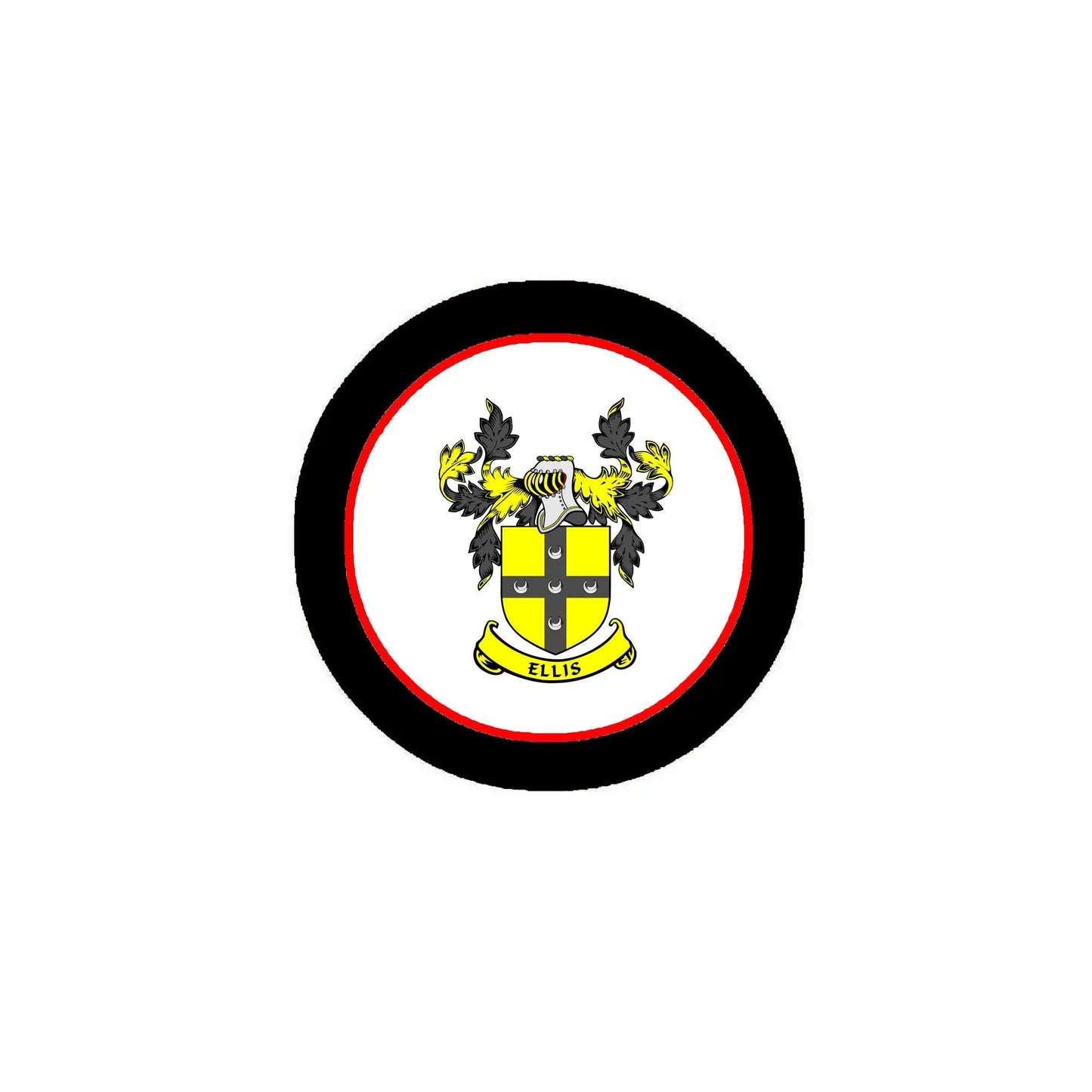 Ellis family crest pinback, circular black rim with red border and yellow shield design