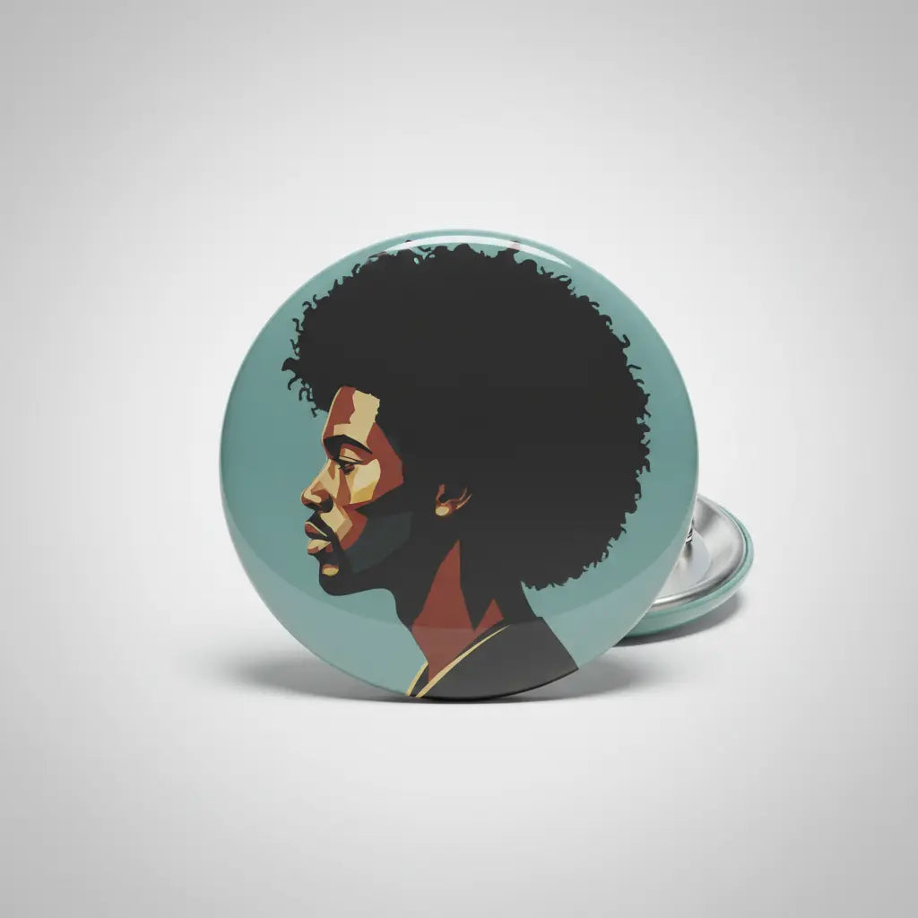 Teal round pinback button with stylized afro man profile illustration