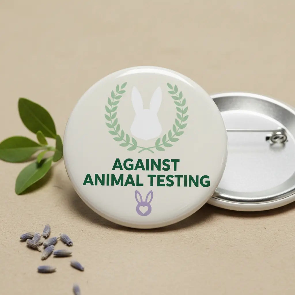 White round pinback button with green anti–animal testing text, rabbit icon, metal pin