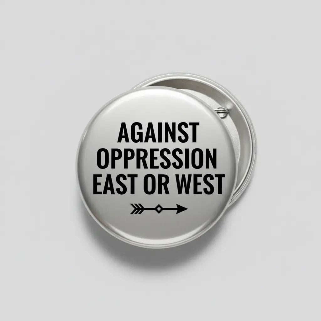 2.25-inch pinback button, silver with black 'AGAINST OPPRESSION EAST OR WEST' text