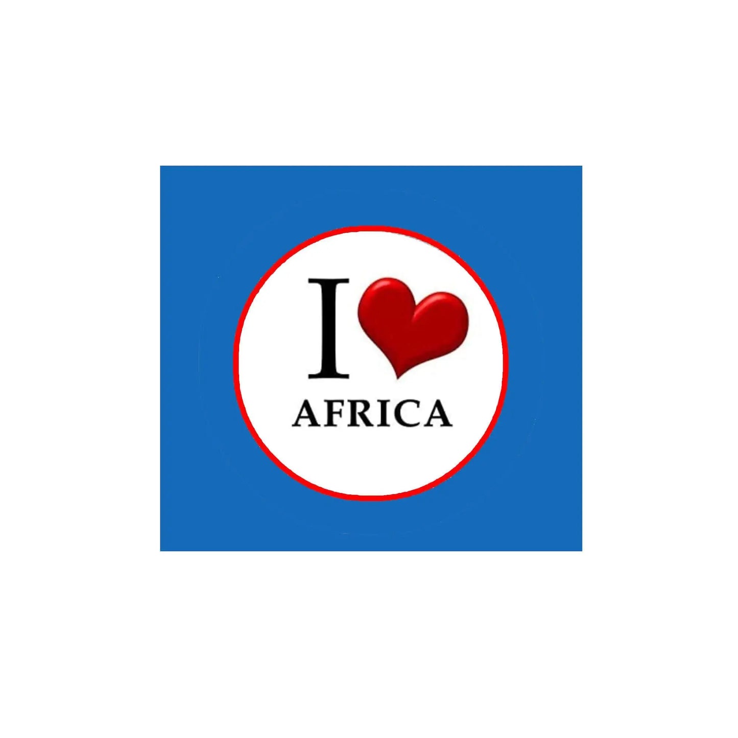 Africa pinback button with white circle, red heart, and 'I ♥ AFRICA' on blue