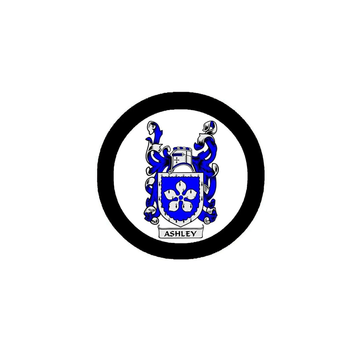 3-inch circular family crest magnet with blue and white coat of arms inside black border