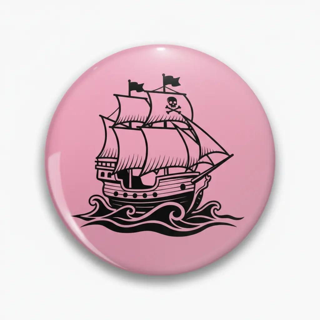 2.25-inch pink and black pirate ship pinback button with sailing ship graphic