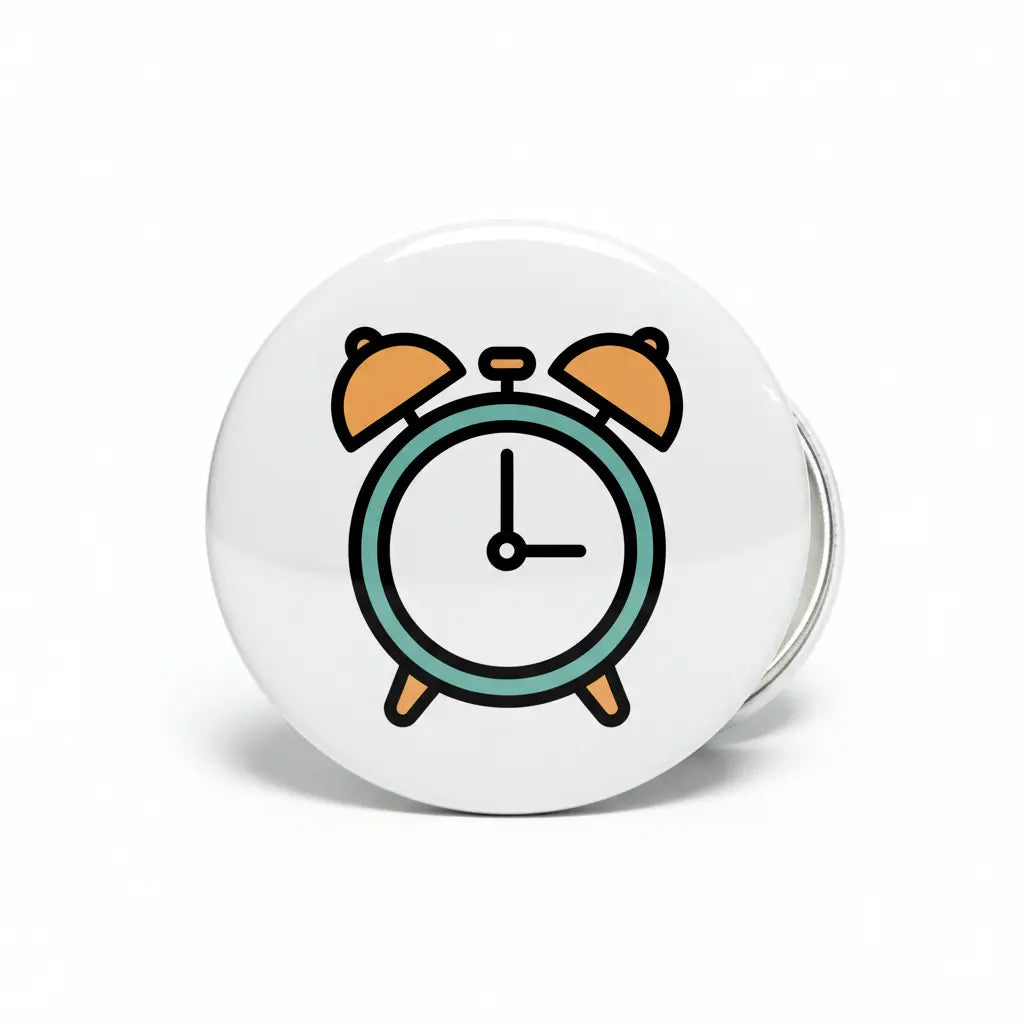 2.25-inch alarm clock button pinback with colorful clock icon on white round backing