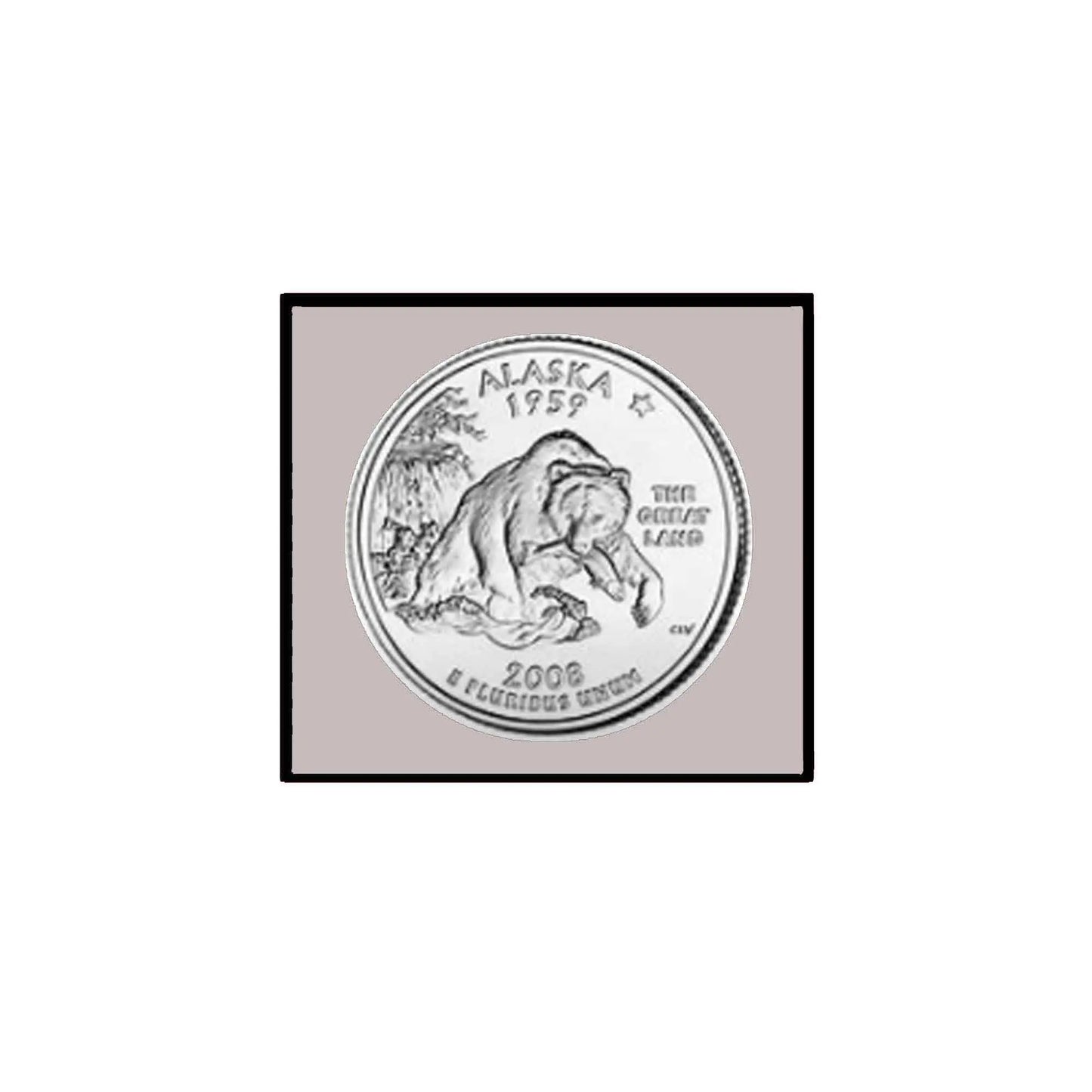 Round silver Alaska state quarter coin magnet with buffalo and Alaska 1959 text