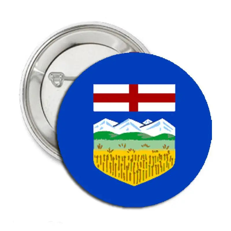 Alberta flag pinback button, round 1.25-inch badge with blue border