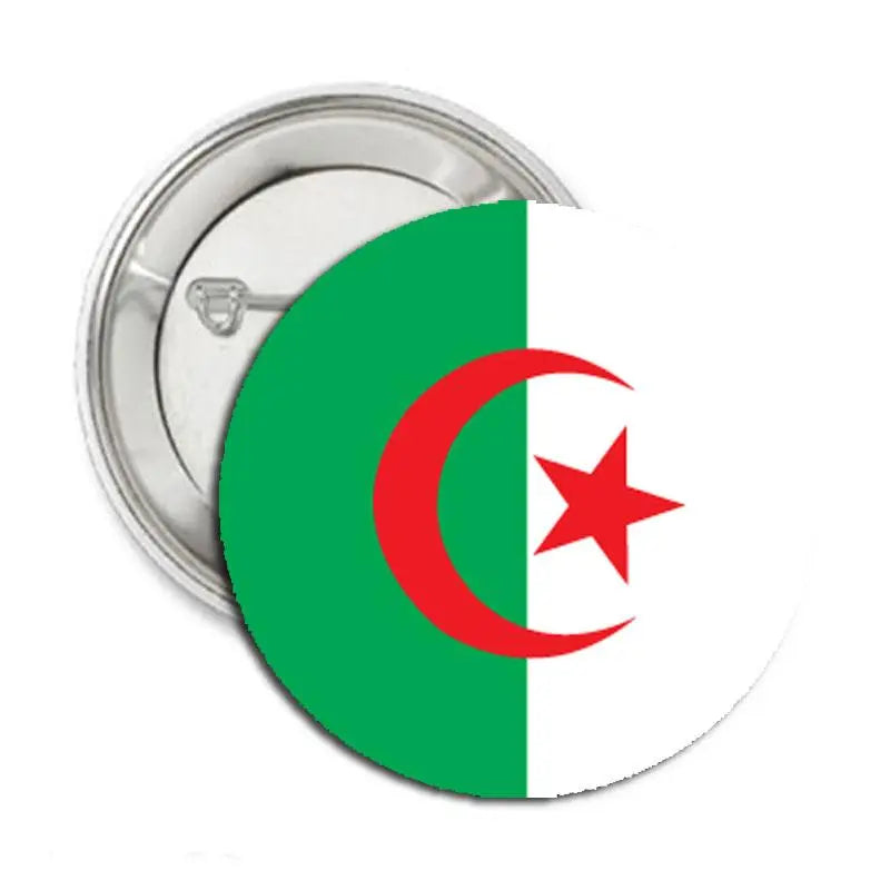 Algeria-themed pinback button with green field, red crescent, and white five-point star