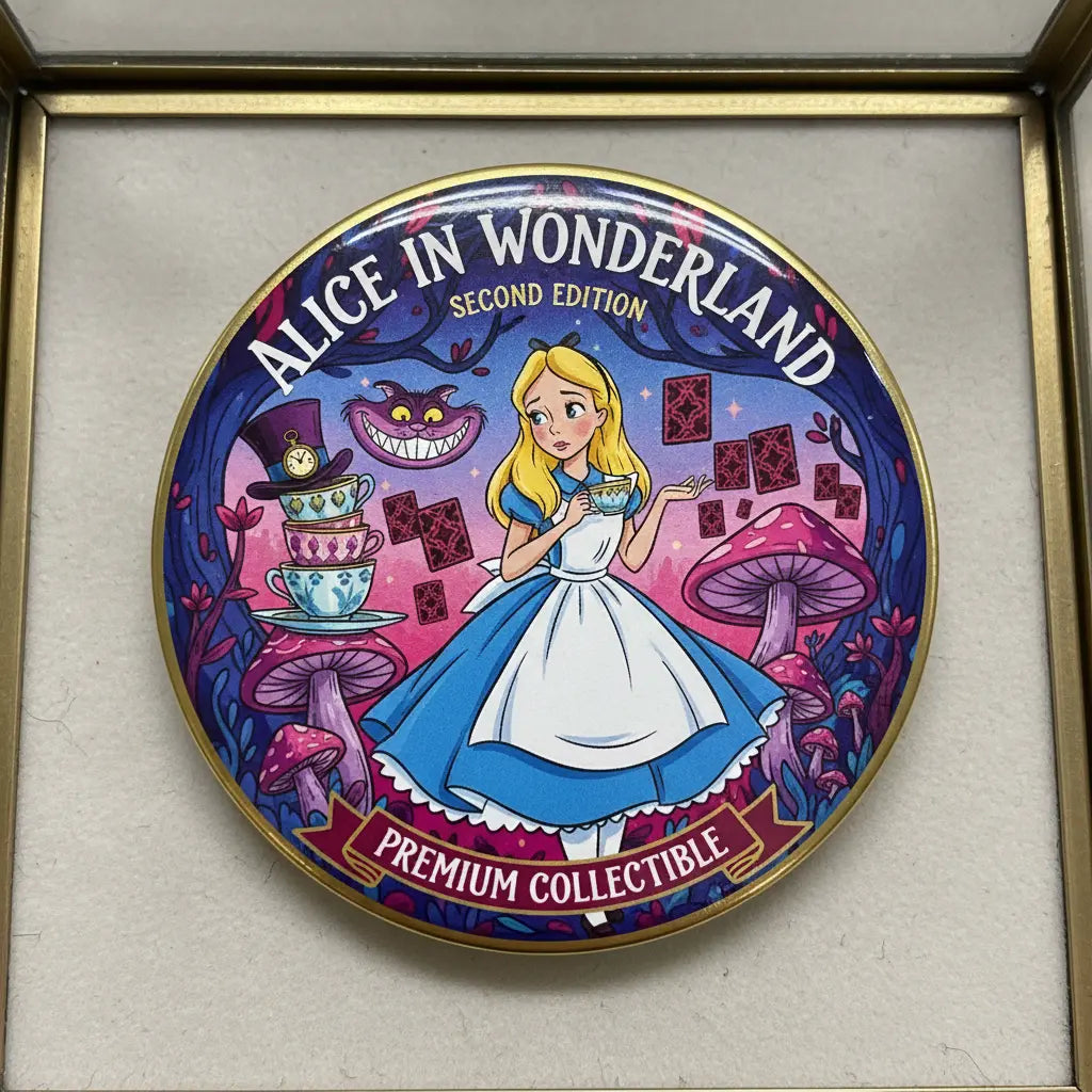 Round enamel pinback with Alice character art, blue dress and gold border, 2.25-inch