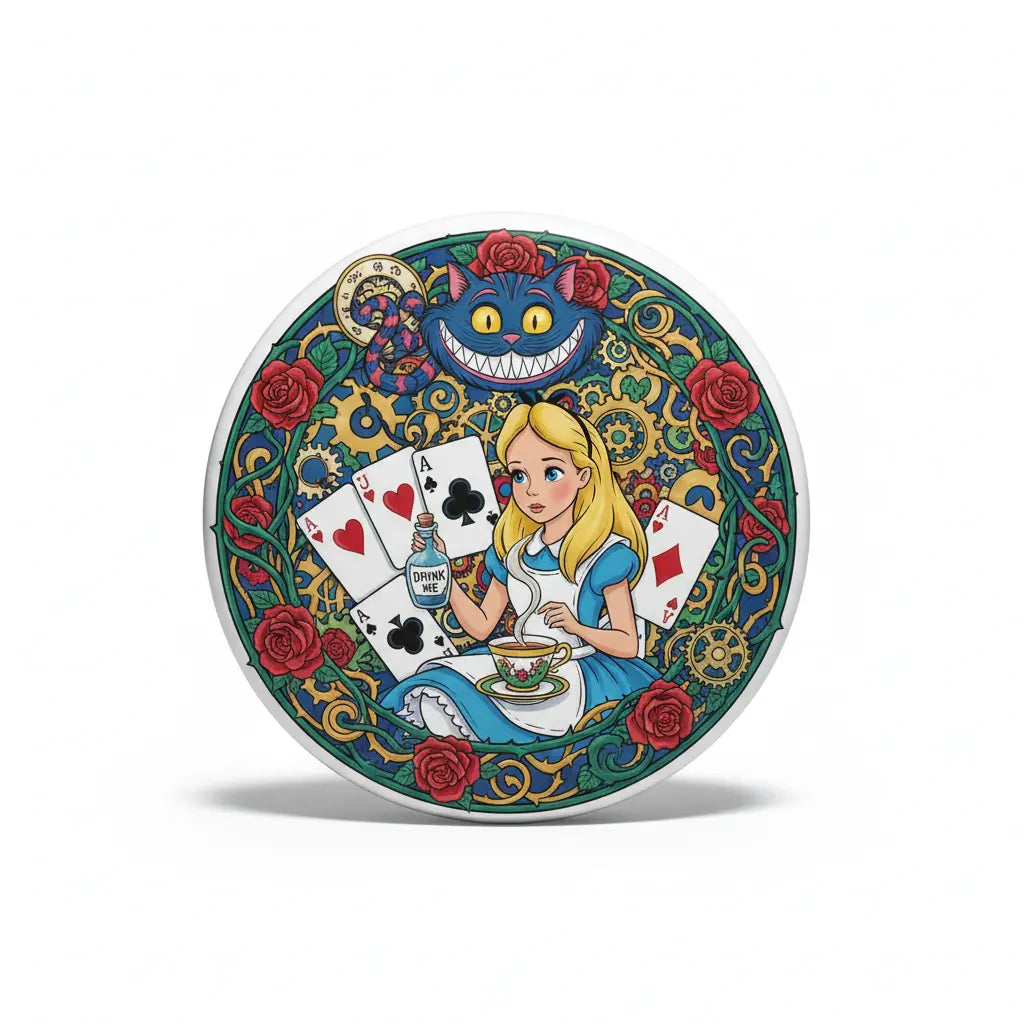 Round Alice in Wonderland pinback button, blonde girl in blue holding cards and teacup