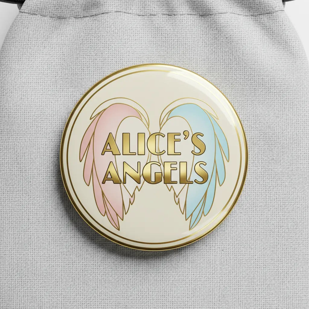 Round pinback button with gold border; “Alice’s Angels” text and angel wings design