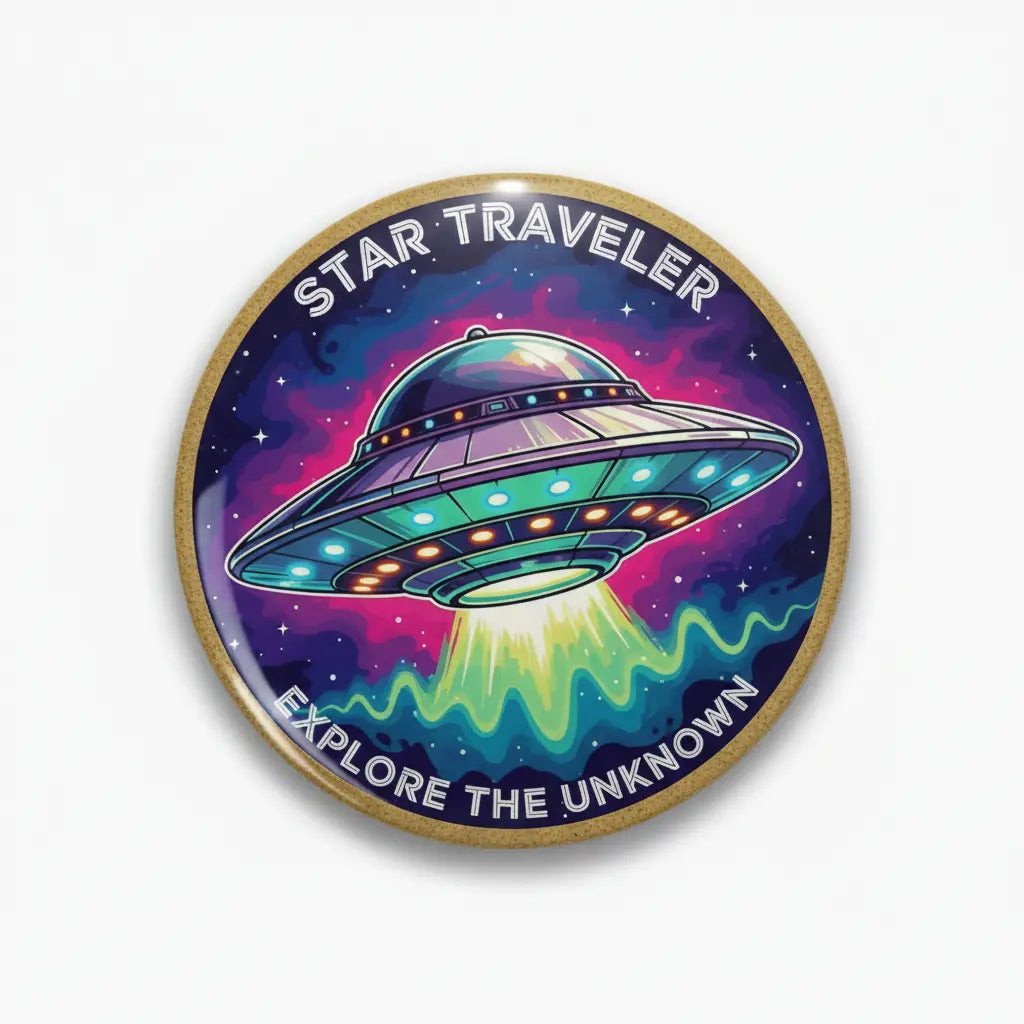 Round pinback button with colorful alien spaceship graphic and Star Traveler text