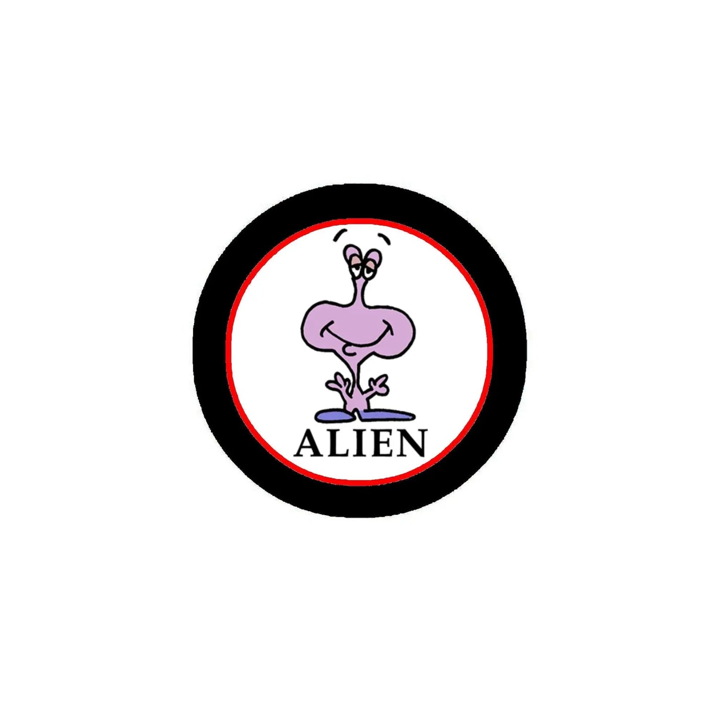 Purple cartoon alien pinback button, round black border, “ALIEN” text