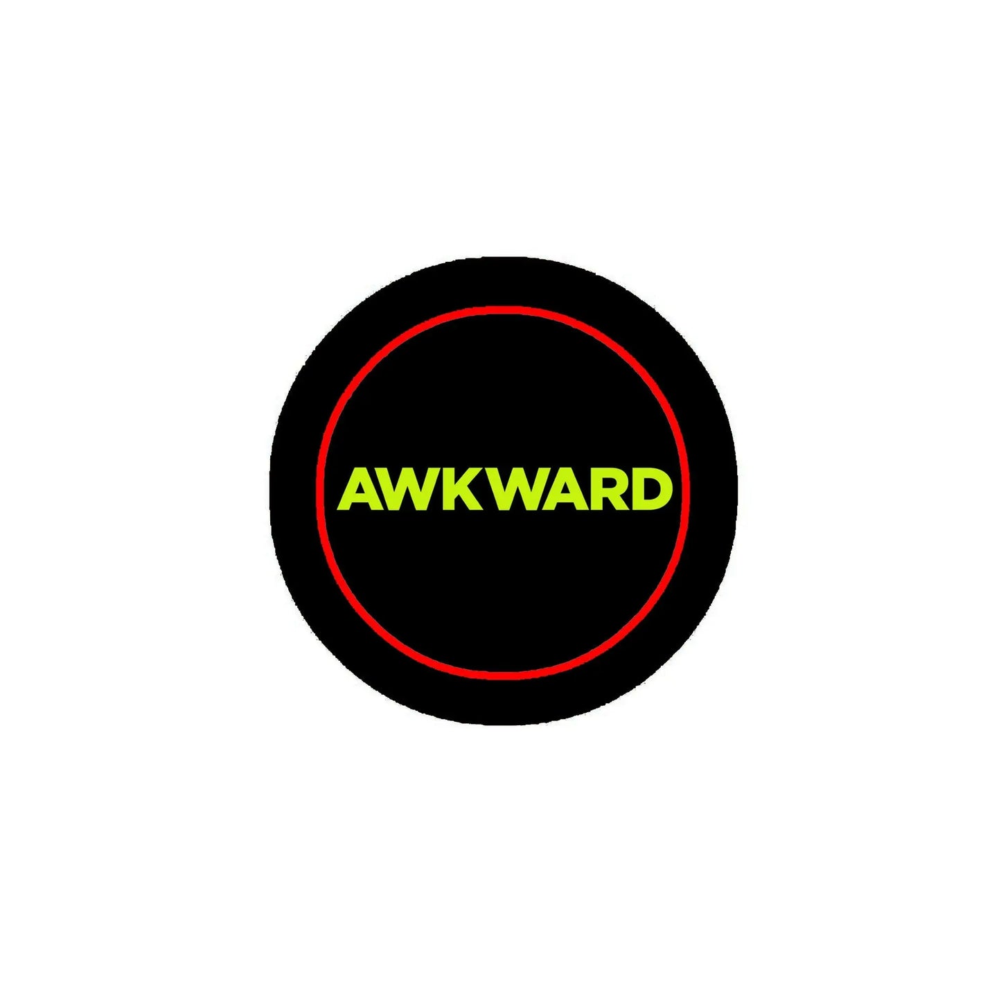 1.25-inch black pinback button with red outline and AWKWARD text